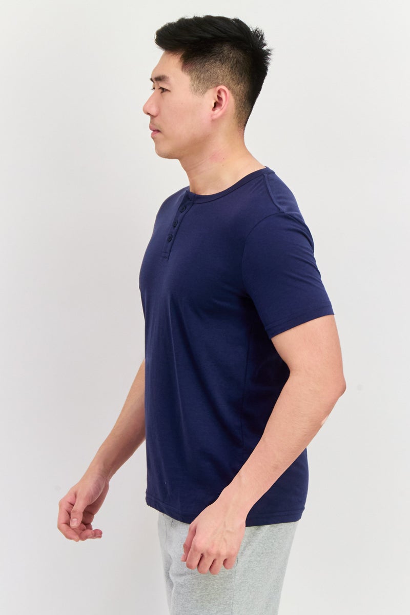 Project Essentials Men Henley Neck Short Sleeve Solid T-Shirt, Navy - Image 4
