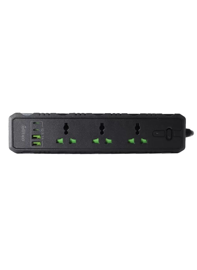 Elitco Elitco - 3 Way Universal Extension Switch Socket +USB X 2 ,PD X 2 with 3 Pin Plug, 2 Meter Wire and Main Switch, Black Color, Overload Protect 