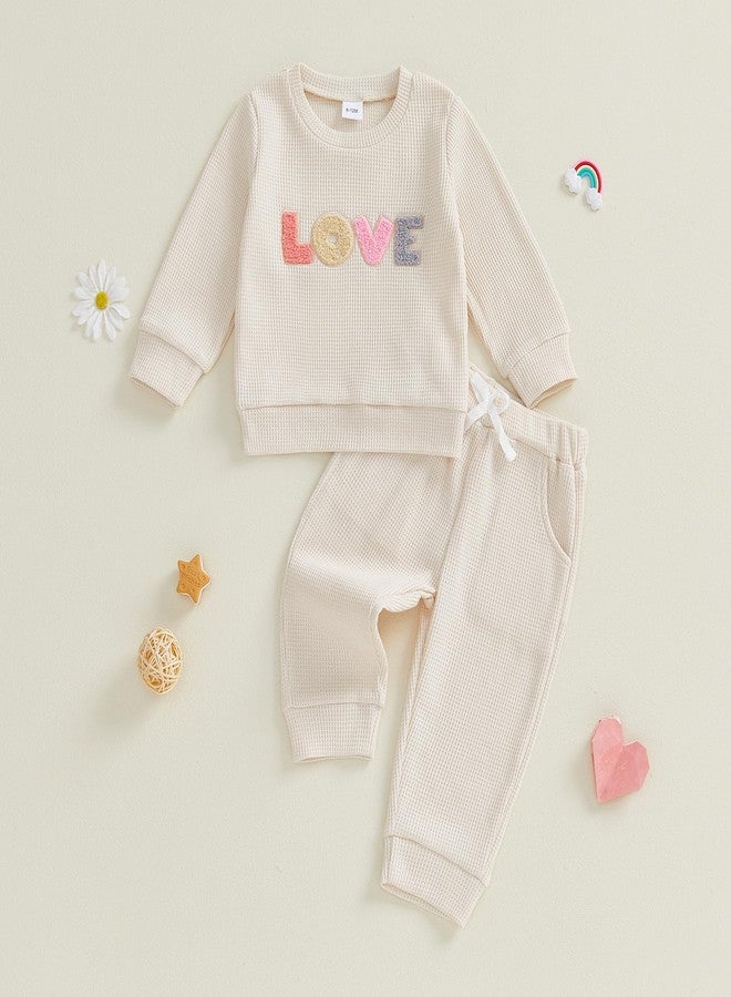 Socutebabe ملابس أطفال بنات من Socutebabe، أطقم خريف وشتاء للمواليد الجدد، كنزات بأكمام طويلة وياقة دائرية وبنطلونات، مقاس 0-24 شهرًا، لون مشمشي، منسوج بنمط الوافل، مقاس 6-12 شهرًا - Image 2