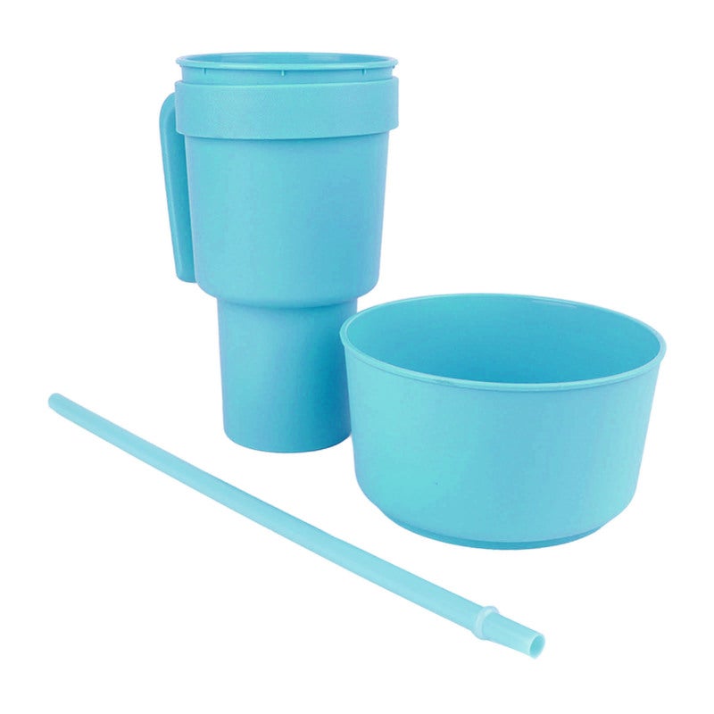 2 In 1 Plastic Snack Drink Cup Light Blue Multi-Function Beverage Cup With Top Snack Bowl - Fits Most Car Cup Holders for Home Travel Movie Theater - Image 2
