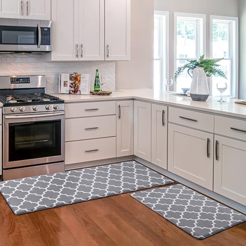 KMAT Kitchen Mat [2 PCS] Cushioned Anti-Fatigue Kitchen Rug, Waterproof Non-Slip Kitchen Mats and Rugs Heavy Duty PVC Ergonomic Comfort Foam Rug for Kitchen, Floor Home, Office, Sink, Laundry,Grey - Image 1
