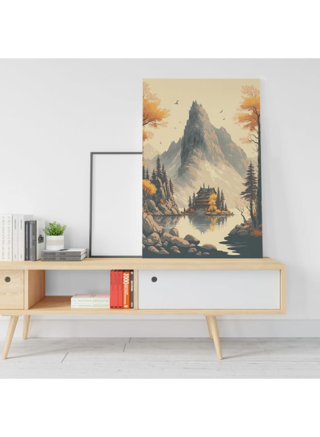 Home Gallery Painting cabin by lake with mountain background Printed canvas wall art 120x80 - Image 4