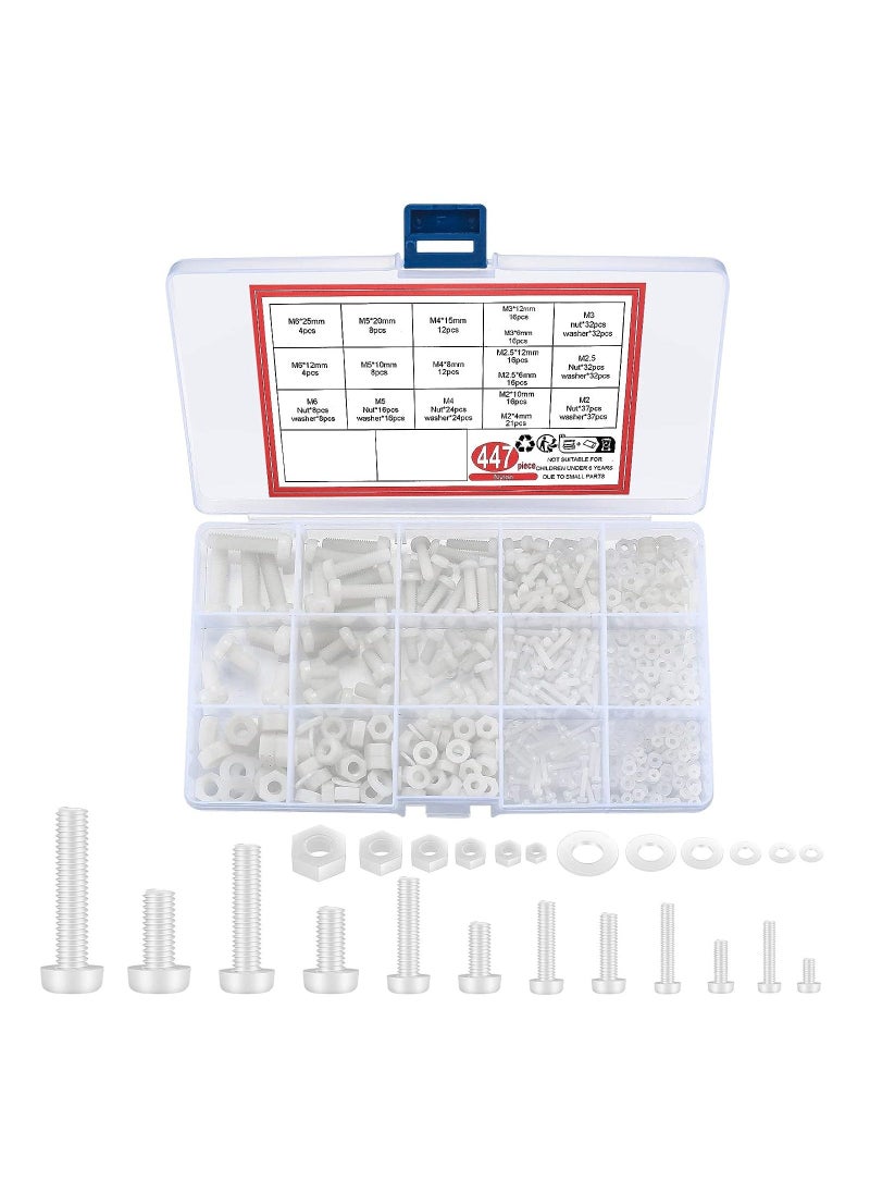 Generic - 447 PCS White Nylon Plastic Round Head Screws, Bolts, Nuts, and Washers Assortment Set - Metric Full Threaded Hex Head Screws M2/M2.5/M3/M4/M5/M6 for Home Repairs. - Image 1