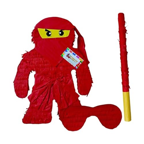 A Pinata 4 U طقم بيناتا النينجا الأحمر APINATA4U 175x135x35 بوصة رفع حماس حفلة النينجا مع مستلزمات كاملة زينة عيد ميلاد ذات طابع خاص تشمل عصا وقناع - Image 1