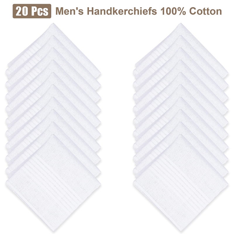 DHOOZ 20 Pcs Cotton Handkerchiefs, White Men's Handkerchiefs & Pocket Squares, Large Hankies for Suits (Soft 100% Cotton Hanky Bulk), Mens Handkerchief - Image 2