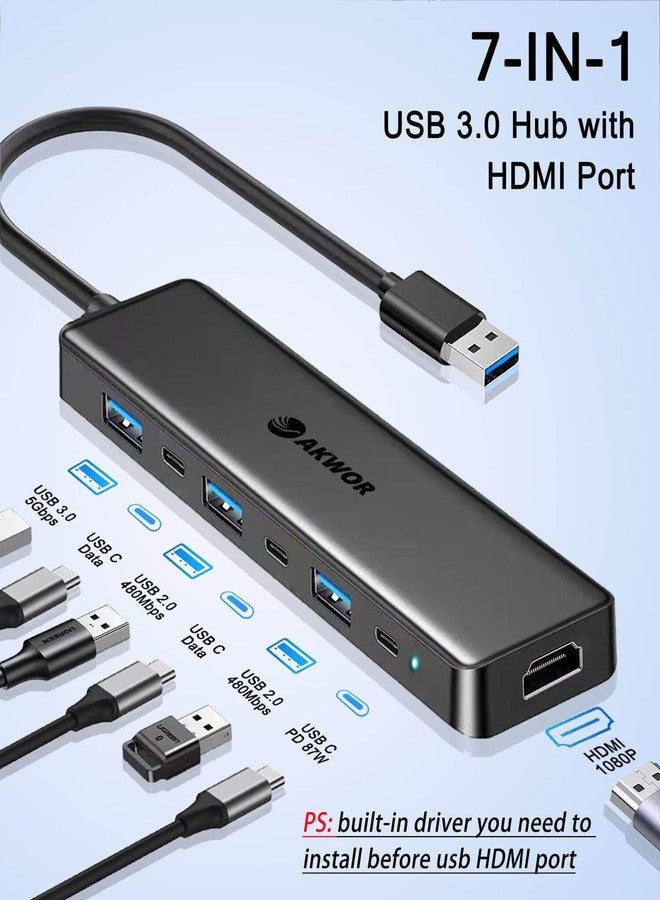 محول AKWOR من USB 3.0 إلى HDMI، موزع USB 3.0 مزود بمنافذ HDMI بدقة 1080 بكسل، وUSB 3.0، وUSB 2.0، وUSB-C لنقل البيانات والطاقة، محطة إرساء USB موسعة للشاشات وأجهزة الكمبيوتر المكتبية والمحمولة، يدعم أنظمة التشغيل Windows 7/8/10/11 وMac OS - Image 2