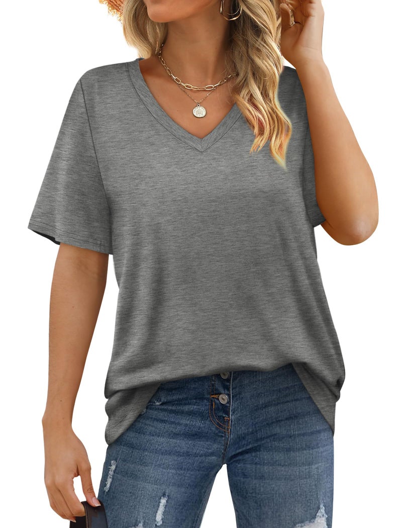 Aokosor Summer Tops for Women 2024 Oversized Shirts Short Sleeve Vneck Tshirts Grey XXL - Image 3