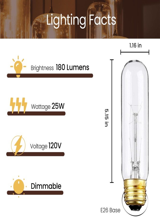 Weyolin 4 Pack T10 Tubular Light Bulbs, 25W Bulb, Clear Incandescent, E26 Medium Base, Warm White, Dimmable Vintage Tubular Style Showcase Bulb - Image 4