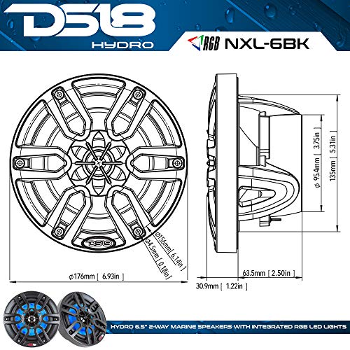 DS18 HYDRO NXL-6 - High End Coaxial Speaker Pair - 2-Way Marine Speaker w/Integrated RGB Lights - 300 Watt - 100% UV Stable - Water Resistant Speakers - 6.5 Inches, Black - Image 3