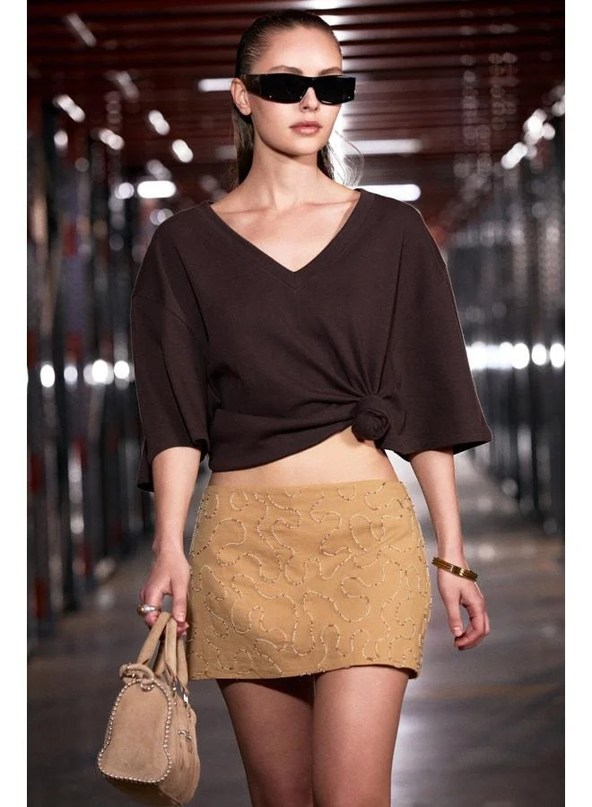 GRIMELANGE VANDAL Women's 100% Organic Cotton Deep V-Neck Oversized Brown T-Shirt.