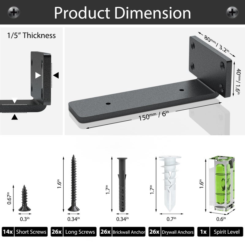Wildnut 6 Pack Floating Shelf Bracket 6 Inch, Heavy Duty Hidden L Brackets, DIY Rustic Industrial Shelf Brackets with Modern Iron Finish(Black) - Image 4