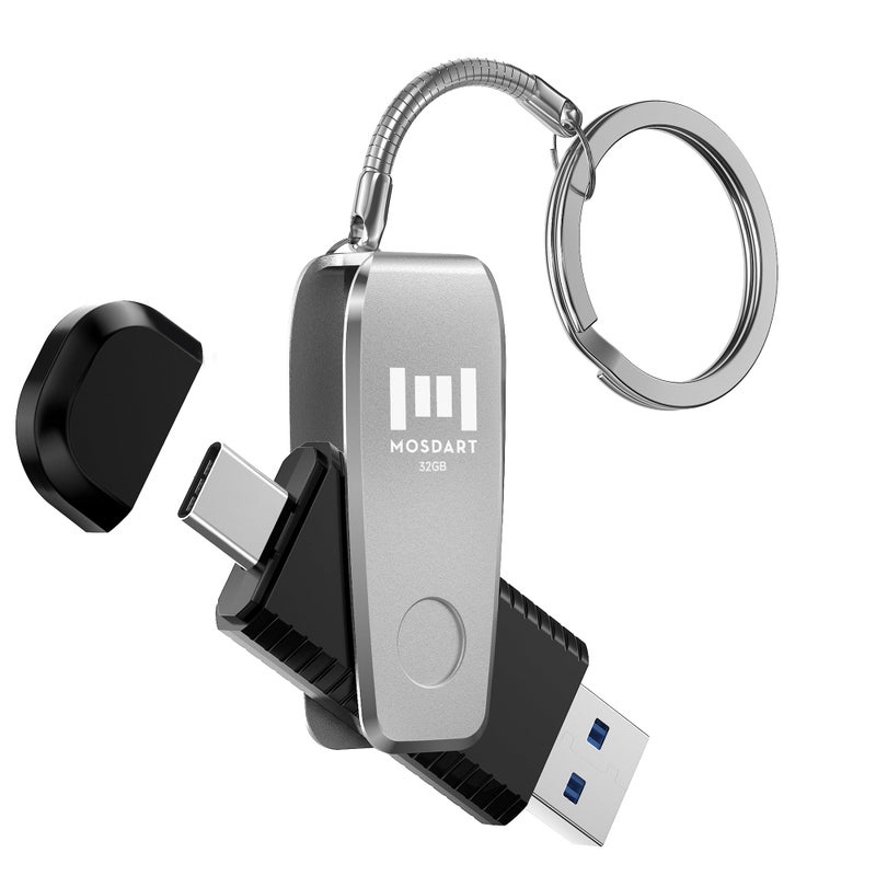 MOSDART 32GB USB 3.1 Type C 2 in 1 OTG Flash Drive with Keychain, for iPhone15,16,17, Android Phones, iPad, MacBook, and Laptops, Silver - Image 1