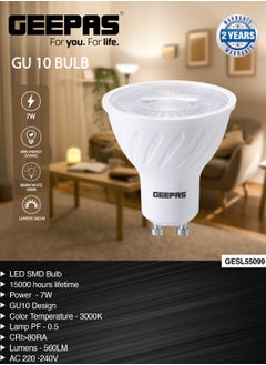 GEEPAS 7W GU 10 Bulb GESL55099, 560 Lumens, Warm White 3000 K, Energy Efficient Bulb with 15000 Hours Lifetime, Ceiling Light Bulb Perfect for Home and Office Use, 2 Years Warranty, White  - Image 5