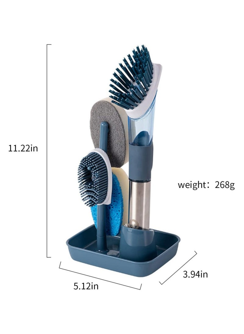 Hihonor Dish Brush with Soap Dispenser Dish Scrubber with 4 Replacement Heads Kitchen Cleaning Brush for Sink Pot Pan (Blue)  - Image 3