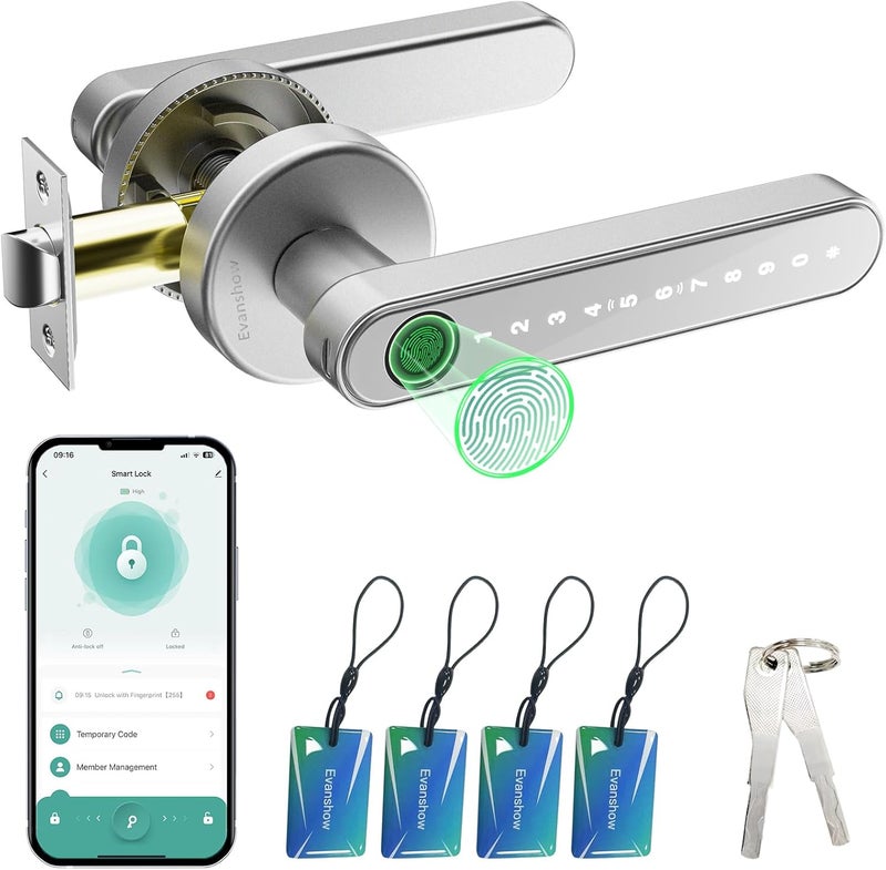 Evanshow Smart Door Lock with Knob, Keyless Entry Door Locks with Handle, Fingerprint Door Knob for Bedroom/Front Door/Apartment,Generate Passcode Remotely Silver - Image 1