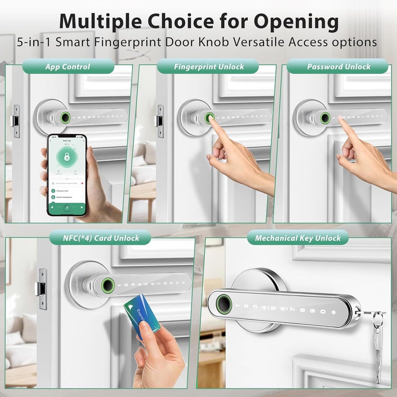 Evanshow Smart Door Lock with Knob, Keyless Entry Door Locks with Handle, Fingerprint Door Knob for Bedroom/Front Door/Apartment,Generate Passcode Remotely Silver - Image 2