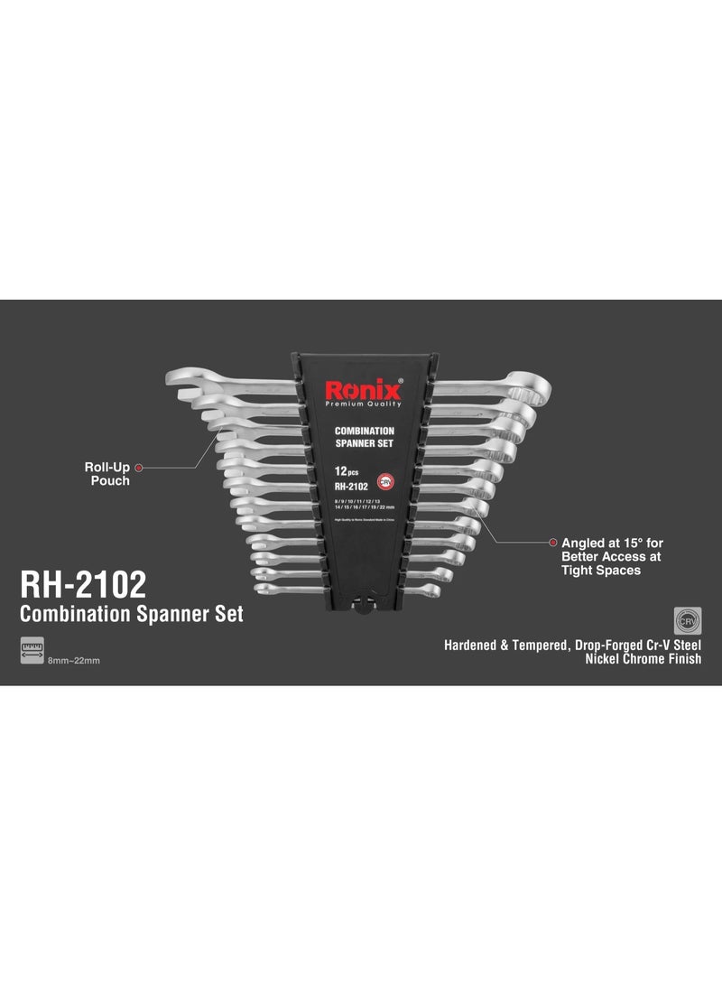 RONIX 12pc Spanner Set 8-22mm Cr-V, 15° Ring Access Anti-Corrosion, German Engineering #Ronix RH-2102 - Image 4