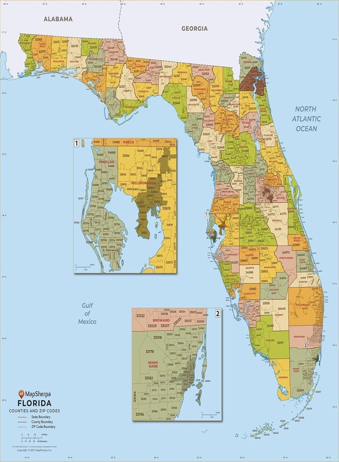 MapSherpa Florida ZIP Code Map with Counties - Standard - 36" x 37.25" Laminated - Image 1