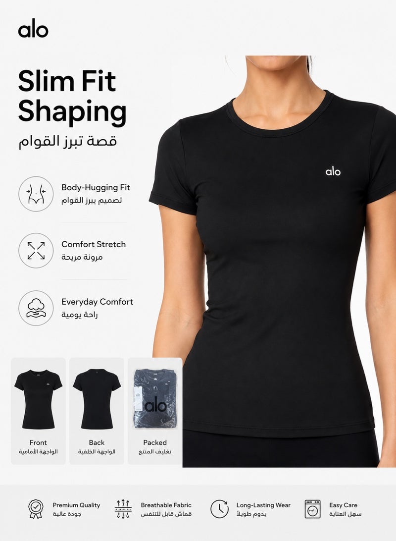 ألو يوغا تي شيرت رياضي نسائي بقصة ضيقة، بلوزة بأكمام قصيرة وقماش قابل للتهوية والتمدد للرياضة واليوغا والجري والارتداء اليومي (أسود) - Image 2
