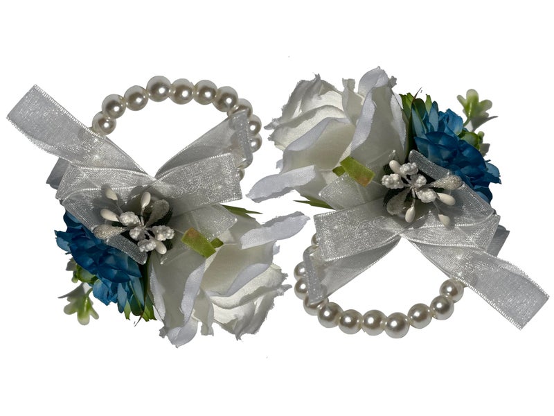 Wrist Corsage Wristlet and Boutonniere Set for Wedding Ivory and Dusty Blue Rose Corsage Wristlet Band Bracelet for Anniversary French Fall Vintage Wedding Prom Flower BWhiteBlue