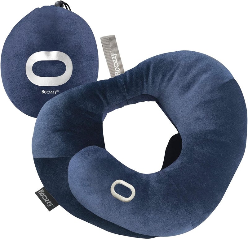 BCOZZY Flat Back Travel Neck Pillow – Patented Neck Pain Relief & Support for Head, Neck, and Chin. Ideal for Airplanes, Long Flights, Car Rides. Adjustable, Washable, with Carry Bag. Large, Navy - Image 1
