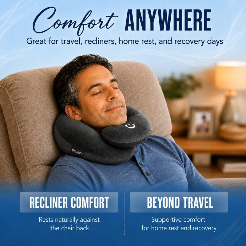 BCOZZY Flat Back Travel Neck Pillow – Patented Neck Pain Relief & Support for Head, Neck, and Chin. Ideal for Airplanes, Long Flights, Car Rides. Adjustable, Washable, with Carry Bag. Large, Navy - Image 5