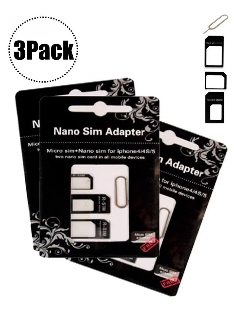 Sim 3Pack Sim Card Adapter Nano Micro - Standard 4 in 1 Converter Kit with Steel Tray Eject Pin - Image 1