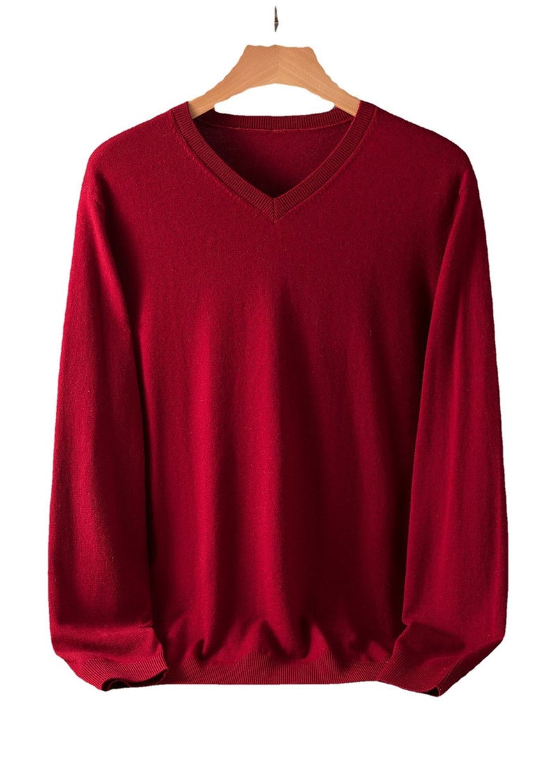 Men's Winter Pure Wool Solid Color V-neck Sweater