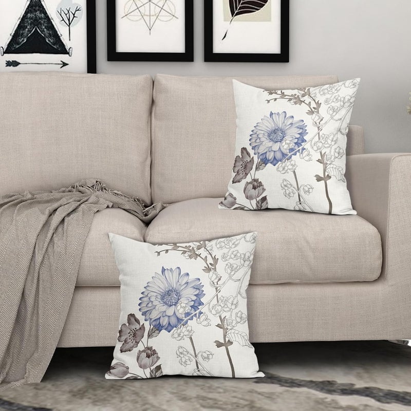 Vintage Floral Pillowcase Set: 2 Pack 20 x 20 Inch White Cotton Linen Blend - Fade-Resistant Double-Sided Print, Concealed Invisible Zipper Machine Washable Cushion Cover for Indoor Outdoor Sofa Bed G - Image 3
