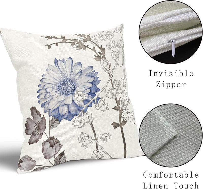 Vintage Floral Pillowcase Set: 2 Pack 20 x 20 Inch White Cotton Linen Blend - Fade-Resistant Double-Sided Print, Concealed Invisible Zipper Machine Washable Cushion Cover for Indoor Outdoor Sofa Bed G - Image 4