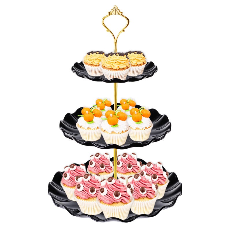 BACUTHY 3 Tier Cupcake Stand Holder Plastic Cup Cake Stand Towel with Tiered Serving Tray for Cupcakes Donuts Fruits and More White Black