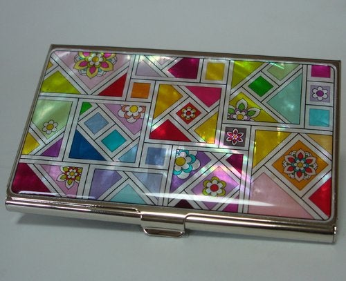 Antique Alive Mother of Pearl Yellow Green Red Business Credit Name Id Card Case Holder Metal Stainless Steel Engraved Slim Purse Pocket Cash Money Wallet with Colorful Patchwork Design - Image 4