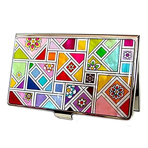 Antique Alive Mother of Pearl Yellow Green Red Business Credit Name Id Card Case Holder Metal Stainless Steel Engraved Slim Purse Pocket Cash Money Wallet with Colorful Patchwork Design - Image 1