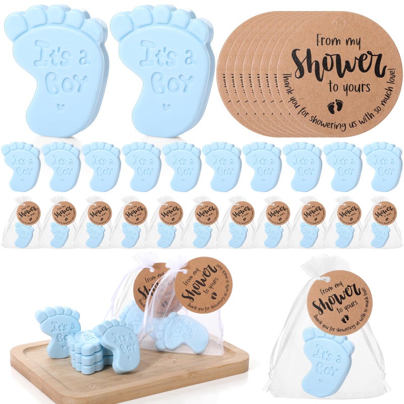 Swiffen 50 Sets Baby Shower Soap Favors for Guests Boy Girl Mini Handmade Scented Soaps with Thank You Tags and Organza Bags for Shower Gender Reveal Party FavorsIts A BoyBlue Baby Feet