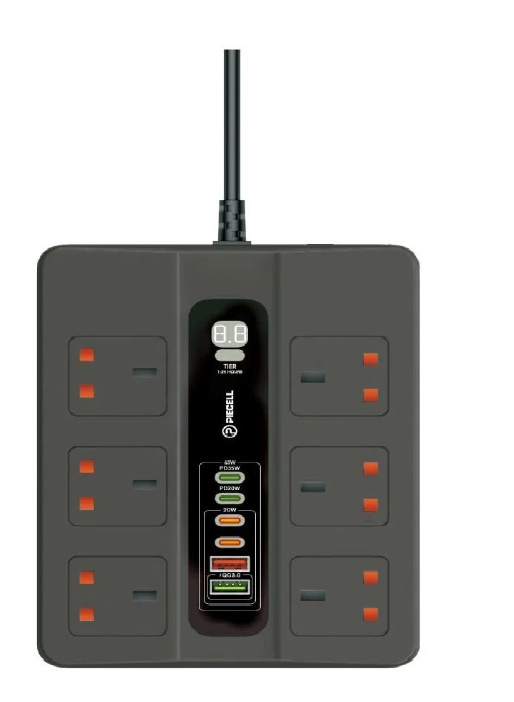 بايسيل مشترك كهربائي متعدد الاستخدامات بطول 5 أمتار، مزود بمؤقت، يتحمل جهدًا عاليًا يصل إلى 3000 واط. يتميز بستة منافذ طاقة، ومنفذي USB، و4 منافذ Type-C، منها منفذان بقوة 20 واط، ومنفذ PD بقوة 20 واط، ومنفذ 35 واط، ويتم التحكم بها جميعًا بواسطة مفتاح تشغيل/إيقاف. يبلغ طول الكابل 5 أمتار.