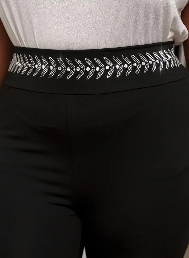 Take Two  Black Embellished Waistband Flare Trousers for Women | Best Price UAE