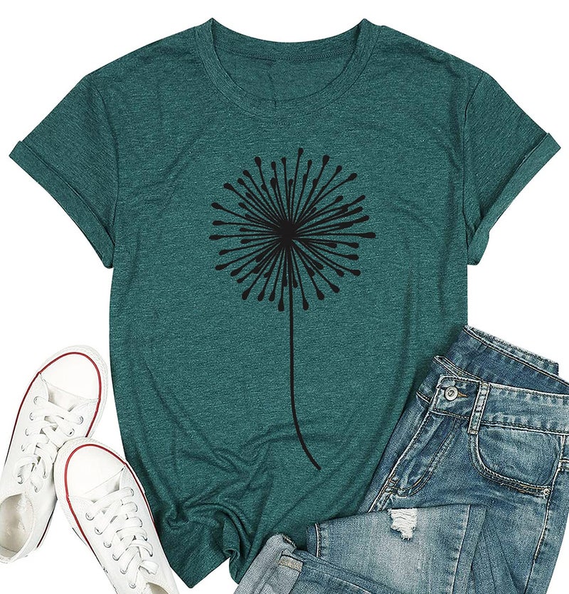 Bealatt Make a Wish Dandelion Womens T Shirt Summer Vintage Short Sleeve Shirt Funny Print Dandelion Graphic Casual Tops Athletic Tee Casual Loose Fit Shirts (Green, XXL) - Image 1