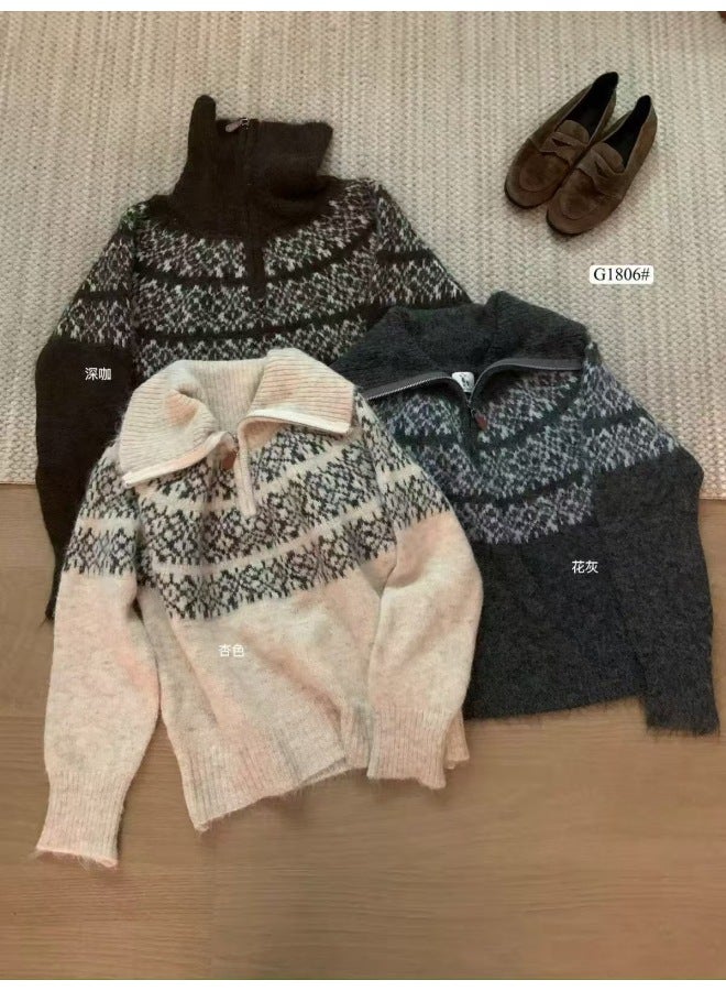 Leyuan Autumn Winter Vintage Color Block Jacquard Half-zip Lazy Knit Sweater Women's Fair Isle Sweater - Image 4