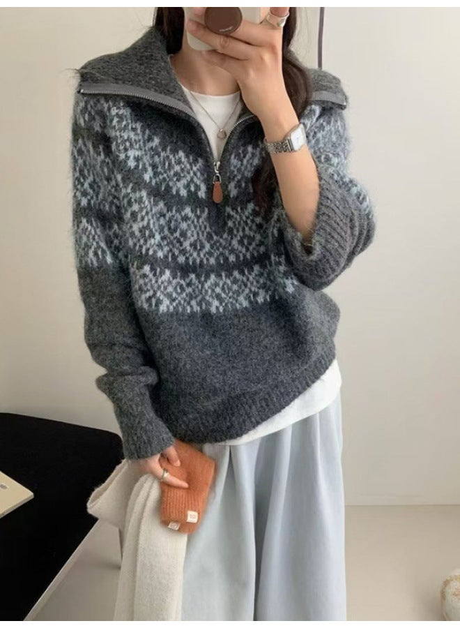 Leyuan Autumn Winter Vintage Color Block Jacquard Half-zip Lazy Knit Sweater Women's Fair Isle Sweater - Image 5