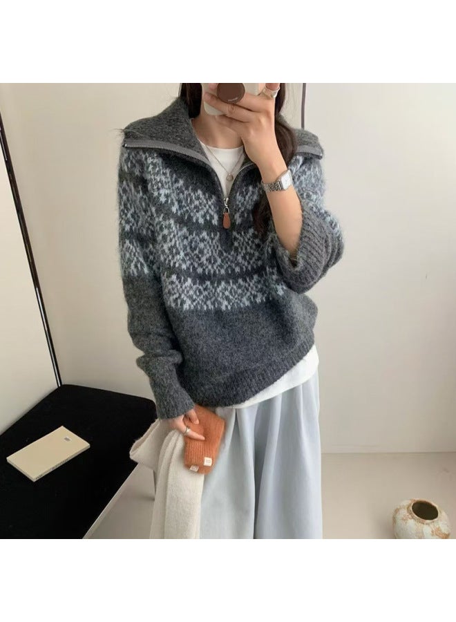 Leyuan Autumn Winter Vintage Color Block Jacquard Half-zip Lazy Knit Sweater Women's Fair Isle Sweater - Image 1
