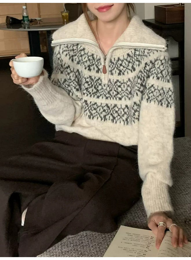 Leyuan Autumn Winter Vintage Color Block Jacquard Half-zip Lazy Knit Sweater Women's Fair Isle Sweater - Image 2