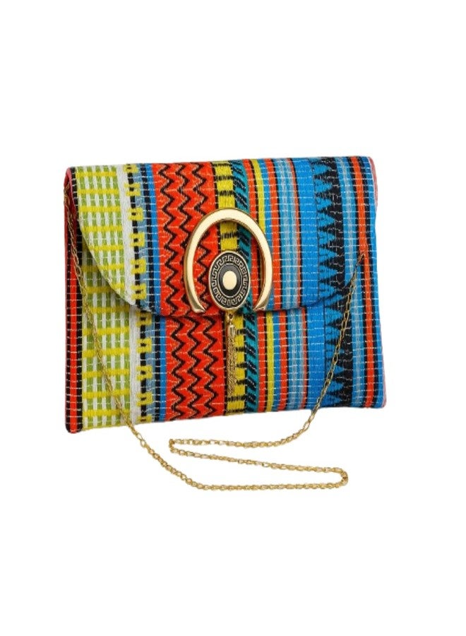VINNIE Rajasthani Cotton Fabric Clutch for Women with Embroidered Design & Single Sling Chain | Ethnic Handbag (Yellow) - Image 1