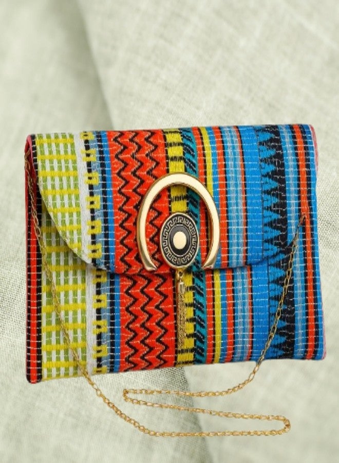 VINNIE Rajasthani Cotton Fabric Clutch for Women with Embroidered Design & Single Sling Chain | Ethnic Handbag (Yellow) - Image 3