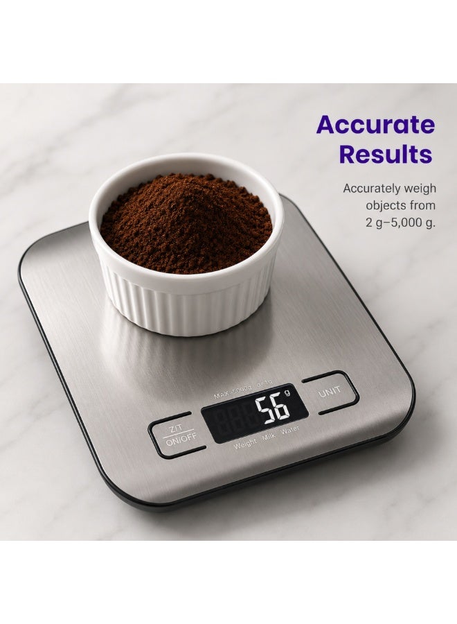 Rattleware  Digital Kitchen Scale 5kg Food Weighing Scale with High Precision Sensors, Stainless Steel Platform, LCD Display, Tare Function, Electronic Kitchen Scale for Cooking, Baking, Meal Prep & Portion Control, Silver - Image 2