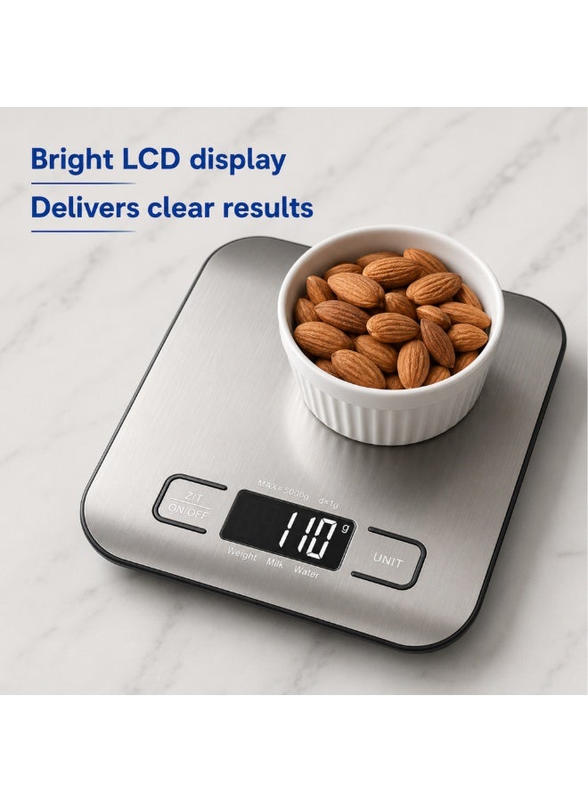 Rattleware  Digital Kitchen Scale 5kg Food Weighing Scale with High Precision Sensors, Stainless Steel Platform, LCD Display, Tare Function, Electronic Kitchen Scale for Cooking, Baking, Meal Prep & Portion Control, Silver - Image 3