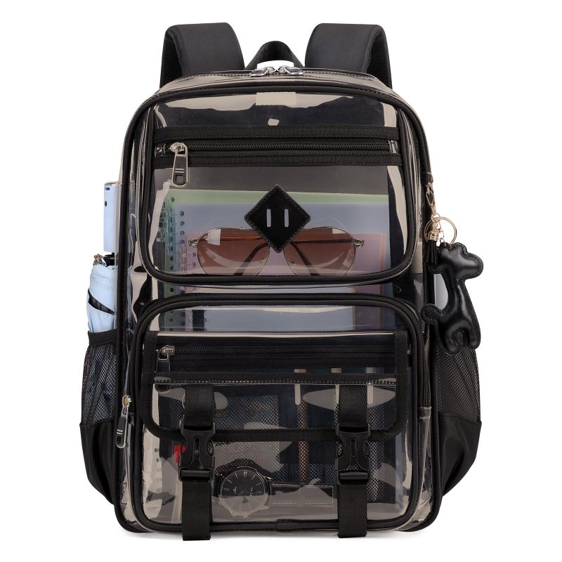 Sisipoet Clear Backpack for School, PVC Clear Bookbag Heavy Duty Transparent Backpack for Stadium Events Multiple Pockets See Through Bag for Teens Students Women Men with Leather Pendant, Semi Black - Image 1