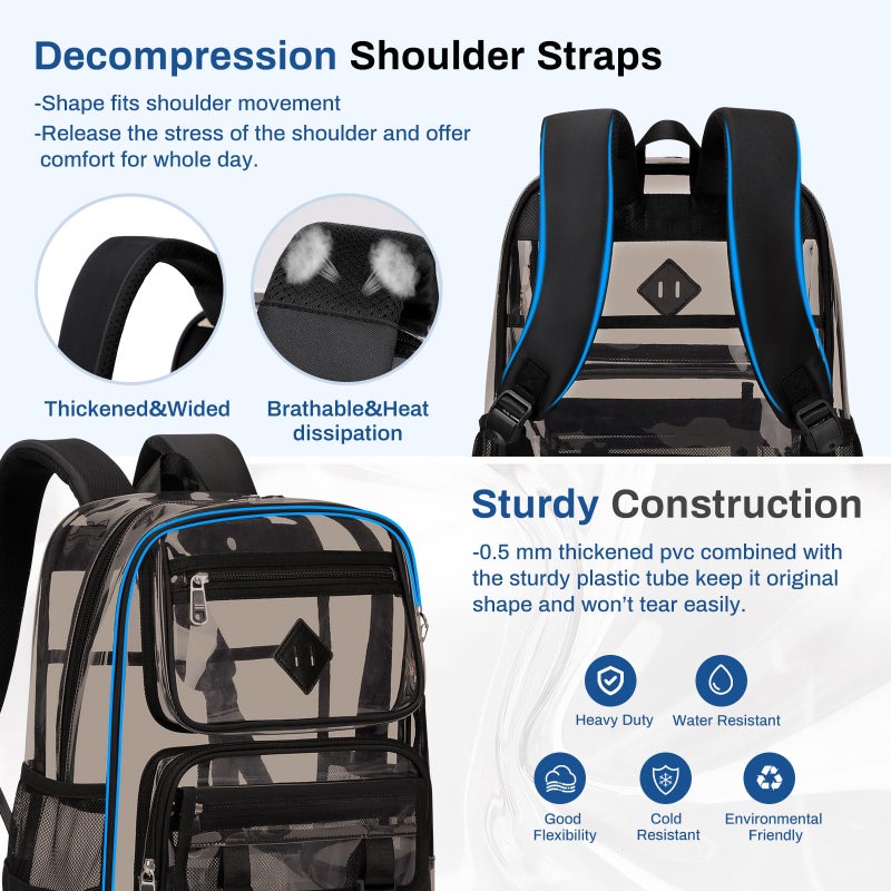 Sisipoet Clear Backpack for School, PVC Clear Bookbag Heavy Duty Transparent Backpack for Stadium Events Multiple Pockets See Through Bag for Teens Students Women Men with Leather Pendant, Semi Black - Image 5