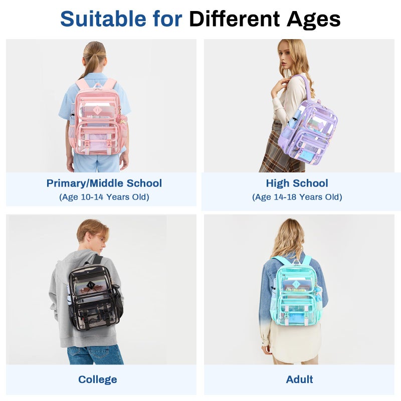 Sisipoet Clear Backpack for School, PVC Clear Bookbag Heavy Duty Transparent Backpack for Stadium Events Multiple Pockets See Through Bag for Teens Students Women Men with Leather Pendant, Semi Black - Image 2