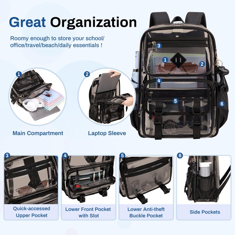 Sisipoet Clear Backpack for School, PVC Clear Bookbag Heavy Duty Transparent Backpack for Stadium Events Multiple Pockets See Through Bag for Teens Students Women Men with Leather Pendant, Semi Black - Image 4