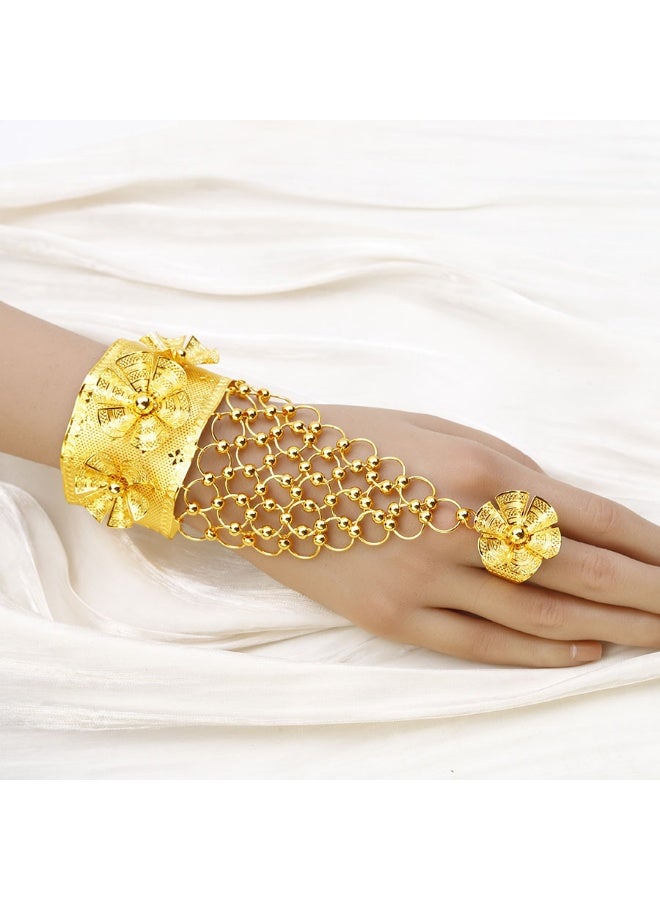 Two piece alloy 24K gold plated hollow flower bracelet ring Dubai women's bridal wedding jewelry - Image 3